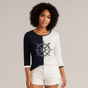 Alison Sheri Nautical Ship Wheel Knit Top Navy and White Medium